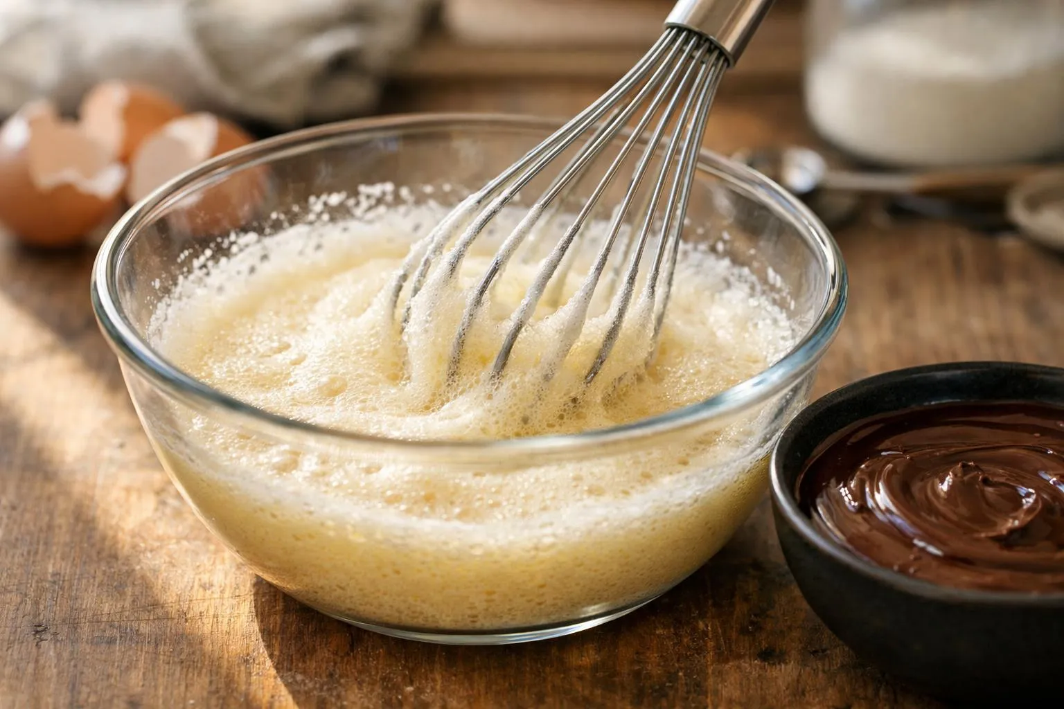 Close-up photo of whisking eggs and sugar in a glass bowl with a whisk, creating a pale, fluffy mixture. A small bowl of melted chocolate sits nearby on a wooden kitchen counter. Warm natural light from a window. Focus on the whisking motion and the airy texture forming. Kitchen utensils and ingredients like egg shells visible in soft-focus background. Realistic home cooking atmosphere, inviting and achievable.