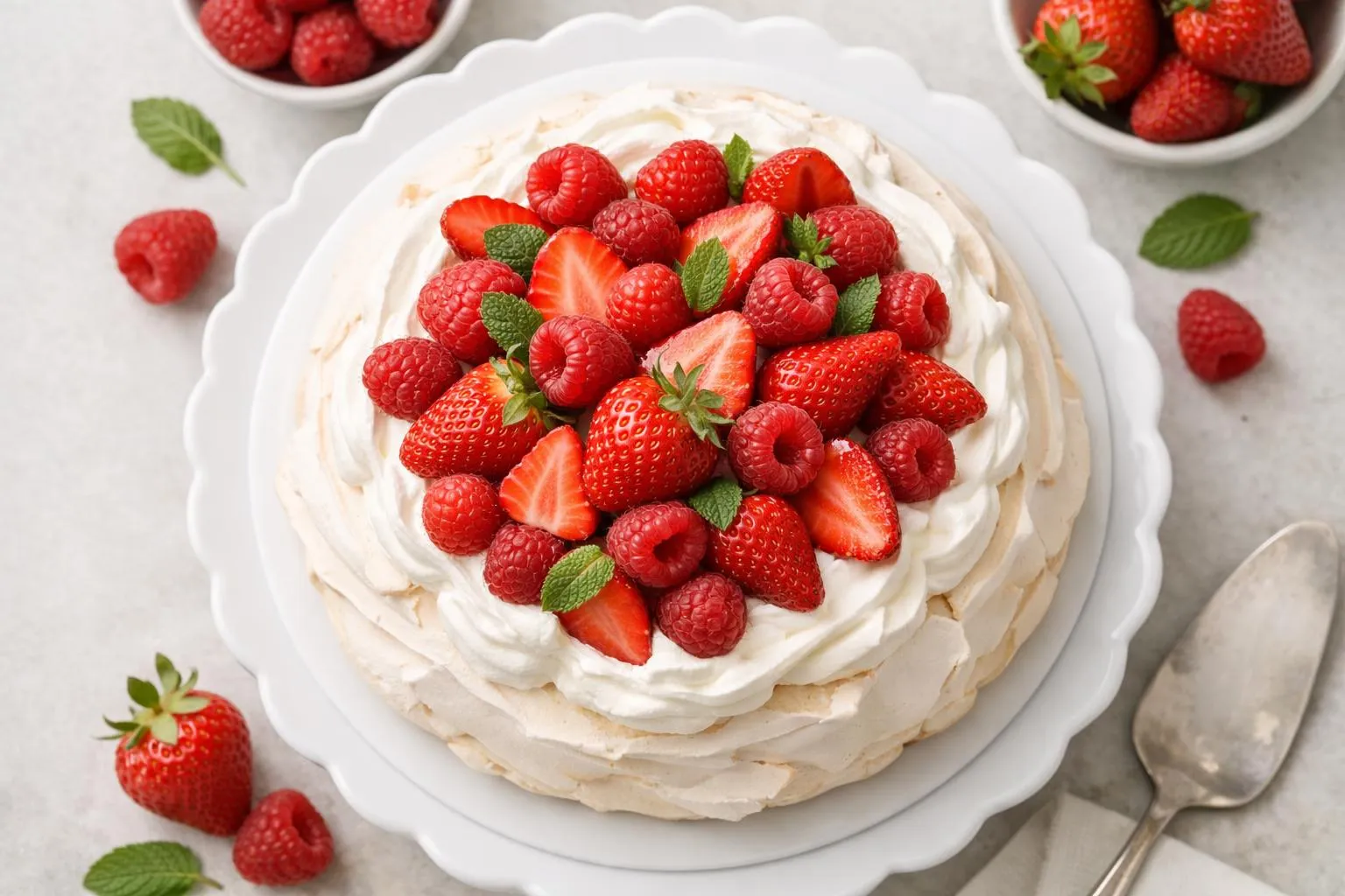 A delectable white cake topped with vibrant red berries and mint leaves.