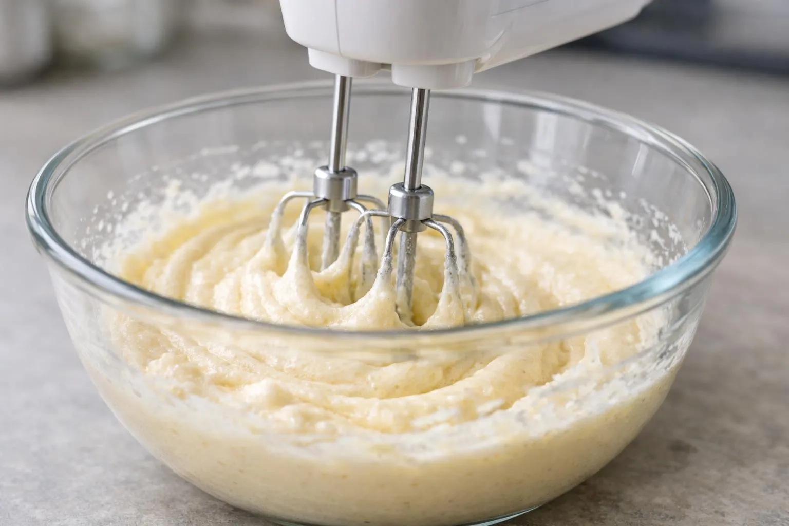 Batteur électrique fouettant des œufs et du sucre dans un saladier en verre transparent, texture jaune pâle crémeuse et rubanée bien visible, plan de travail de cuisine moderne lumineux avec ingrédients de pâtisserie en arrière-plan flouté, lumière naturelle douce, cadrage rapproché à 45 degrés