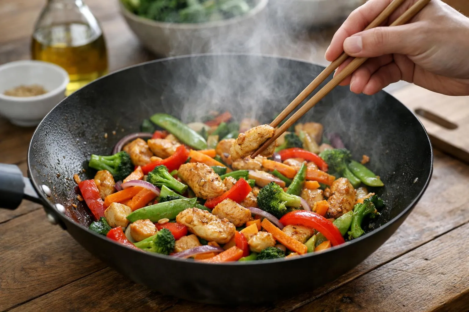 Wok fumant sur feu vif avec légumes colorés (poivrons rouges, brocolis, carottes) et morceaux de poulet dorés en pleine cuisson, mains tenant des baguettes chinoises pour remuer, vapeur visible, cuisine moderne avec plan de travail en bois et petits bols d'ingrédients (gingembre râpé, graines de sésame, sauce soja), lumière naturelle rasante, angle 45 degrés, mise au point nette sur le contenu du wok, ambiance dynamique et chaleureuse