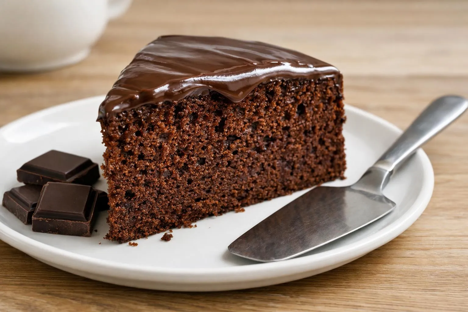 Gâteau moelleux au chocolat tranché sur un plat de service en céramique blanche, révélant une texture humide et aérée à l'intérieur, nappé d'une ganache brillante, entouré de quelques carrés de chocolat noir et d'une spatule à gâteau, sur une table en bois clair avec une nappe en lin beige, lumière naturelle douce venant de la gauche, cadrage à 45 degrés montrant la générosité des parts, ambiance conviviale et gourmande, style photographie culinaire moderne et authentique