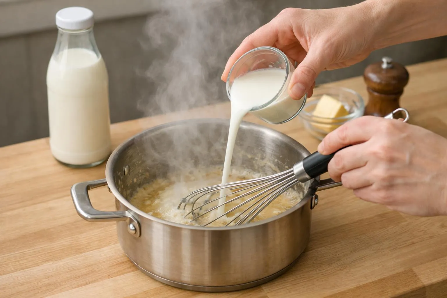 Vue rapprochée d'une main versant un filet de lait blanc dans une casserole contenant un roux blond, pendant qu'une autre main fouette vigoureusement la préparation, vapeur légère s'échappant du récipient, lumière naturelle douce sur plan de travail en bois clair avec bouteille de lait entier visible en arrière-plan
