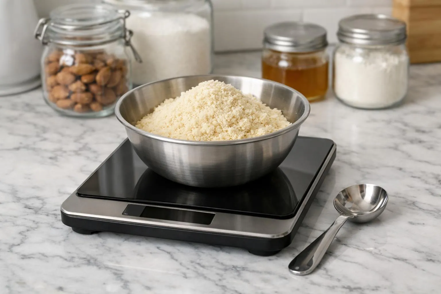 Balance de cuisine numérique affichant 130 grammes, posée sur un plan de travail en marbre blanc, bol transparent contenant poudre d'amandes finement tamisée, cuillère en inox, pots en verre avec sucre glace et sucre semoule étiquetés, tamis métallique fin sur le côté, lumière naturelle douce venant de la gauche, ambiance professionnelle et organisée, focus net sur l'écran digital de la balance, légèrement floue sur l'arrière-plan, couleurs blanches et beiges dominantes, scène culinaire moderne et précise