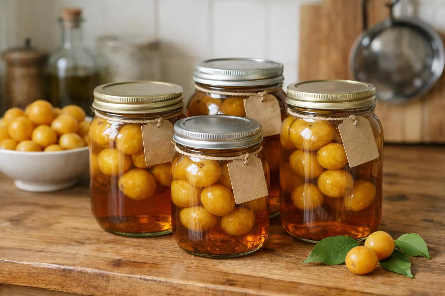 Prunes à l'eau de vie maison en 5 étapes pour un digestif Scène culinaire réaliste montrant des bocaux en verre transparent remplis de prunes dorées immergées dans un liquide ambré translucide, posés sur un plan de travail en bois clair avec étiquettes manuscrites attachées par ficelle, bâtons de cannelle et anis étoilé visibles à côté des bocaux, lumière naturelle douce créant des reflets sur le verre, ambiance artisanale et chaleureuse de cuisine maison, mise au point nette sur les fruits dans le liquide, arrière-plan légèrement flouté avec ingrédients disposés naturellement.