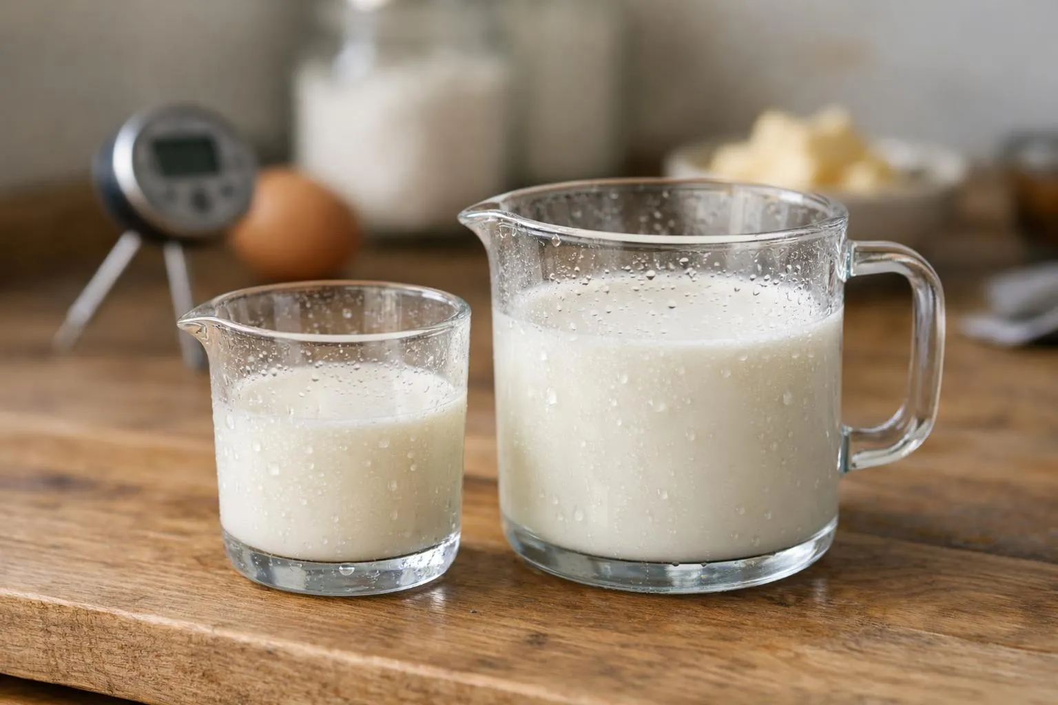 Gros plan sur deux verres doseurs en verre transparent côte à côte sur un plan de travail en bois clair, l'un contenant du lait entier blanc opaque, l'autre du lait légèrement plus translucide, avec un thermomètre de cuisine en arrière-plan et quelques gouttes de condensation sur le verre du lait froid, lumière naturelle douce créant des reflets sur les liquides, arrière-plan flou montrant des ingrédients de pâtisserie (œufs, farine), ambiance réaliste de préparation culinaire, aucun texte visible