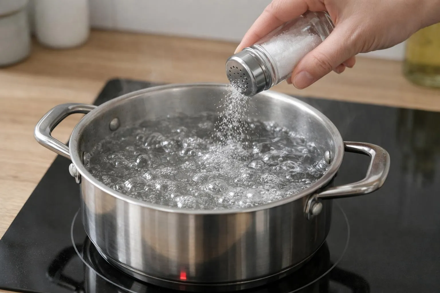 Grande casserole en inox remplie d'eau bouillante sur une plaque de cuisson moderne, bulles d'ébullition bien visibles à la surface, main féminine versant du gros sel depuis une salière en verre, cuisinière à induction avec témoin lumineux, lumière naturelle provenant d'une fenêtre latérale, plan de travail en bois clair en arrière-plan, ambiance cuisine contemporaine et épurée, pas de texte ni de chiffres visibles