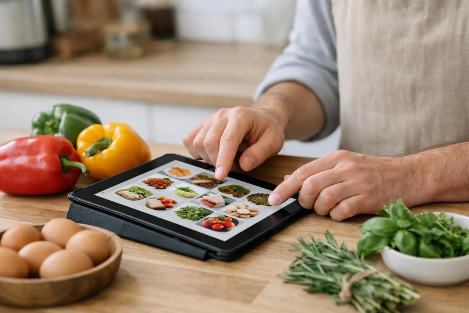Écran de tablette posé sur un plan de travail de cuisine moderne montrant une interface de recherche de recettes, entouré d'ingrédients variés (poivrons, œufs, herbes fraîches, carottes). Mains d'un chef amateur en train de saisir des ingrédients sur le clavier tactile. Cuisine lumineuse avec lumière naturelle douce, tons bois et blanc, arrière-plan légèrement flouté sur des bocaux et ustensiles. Cadrage à 45°, mise au point nette sur la tablette et les légumes, ambiance conviviale et réaliste sans texte visible à l'écran.