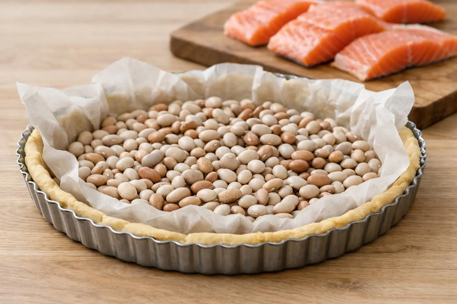 Tarte remplie de haricots blancs crus sur une planche de bois.