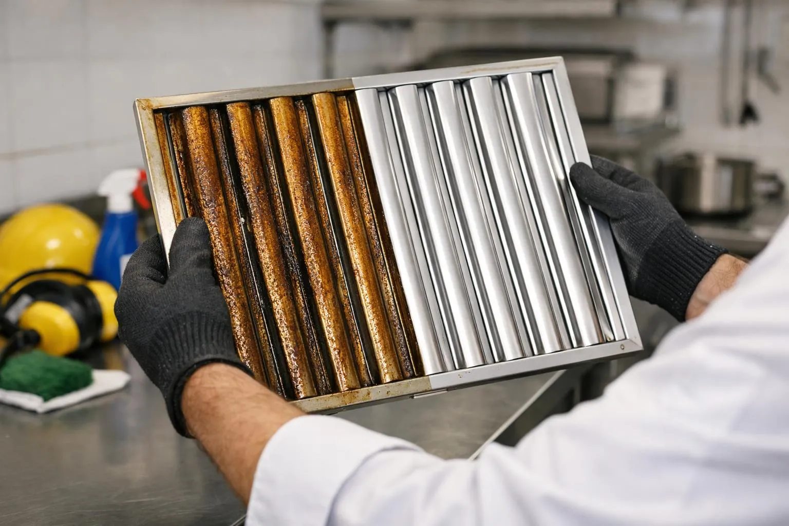 Filtre de ventilation sale et encrassé dans un environnement industriel.