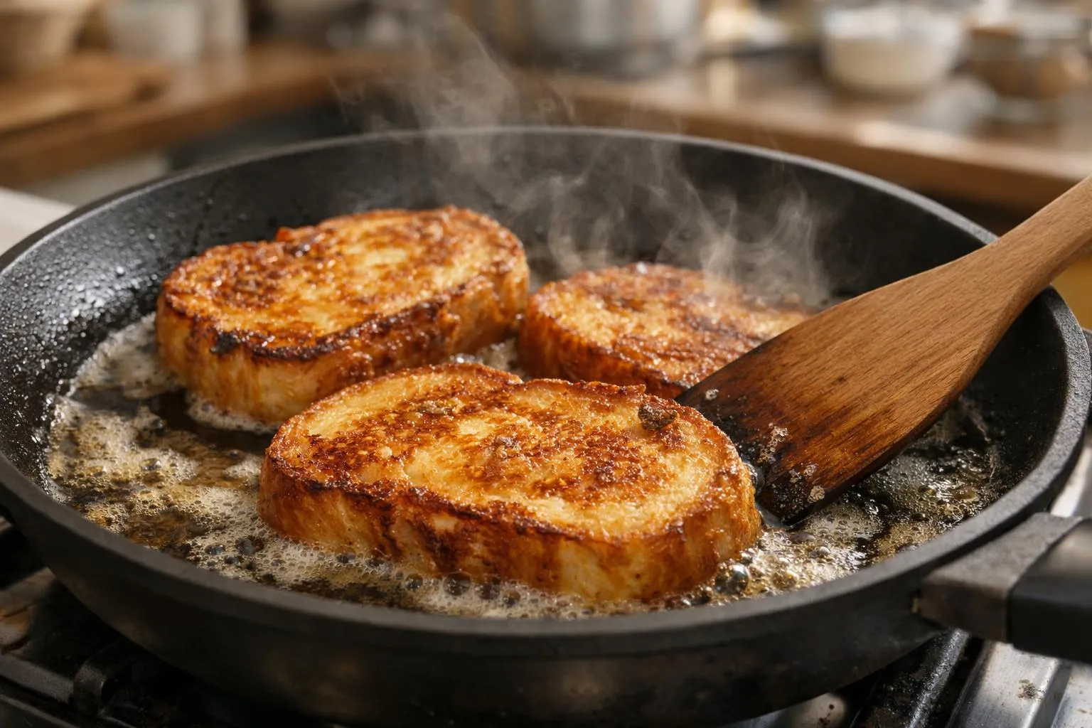 Tranches de pain doré et croustillant dans une poêle fumante.