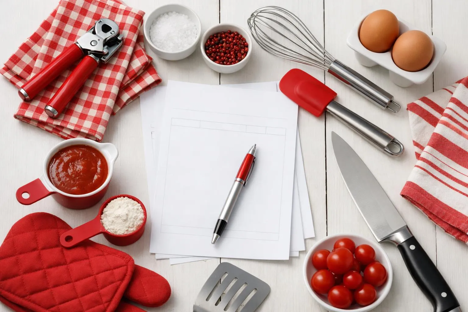Ustensiles de cuisine rouges et blancs, ingrédients et papier pour recette.