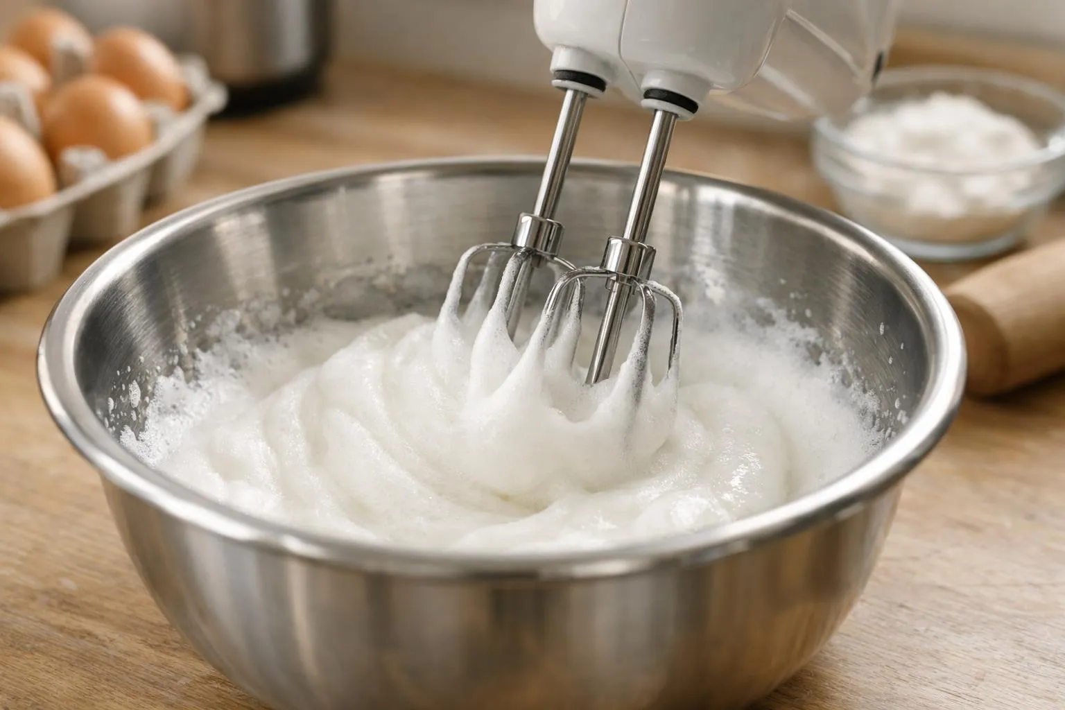 Batteur électrique battant la crème dans un bol en métal.