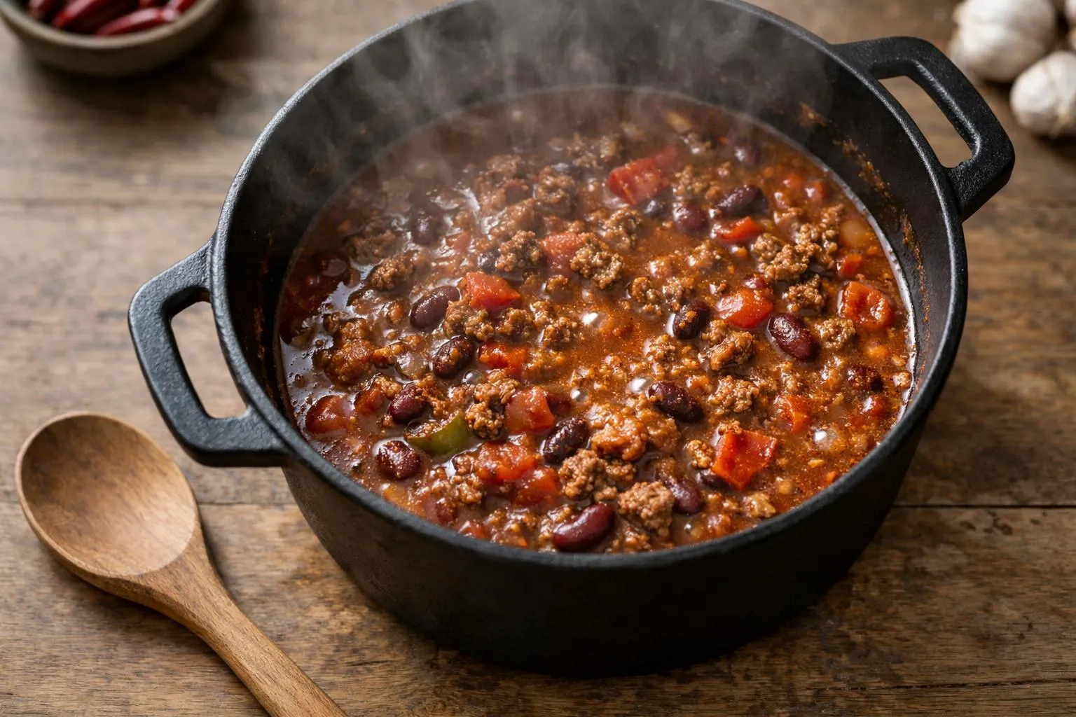 Ragoût de bœuf épicé et mijoté dans une casserole en fonte.