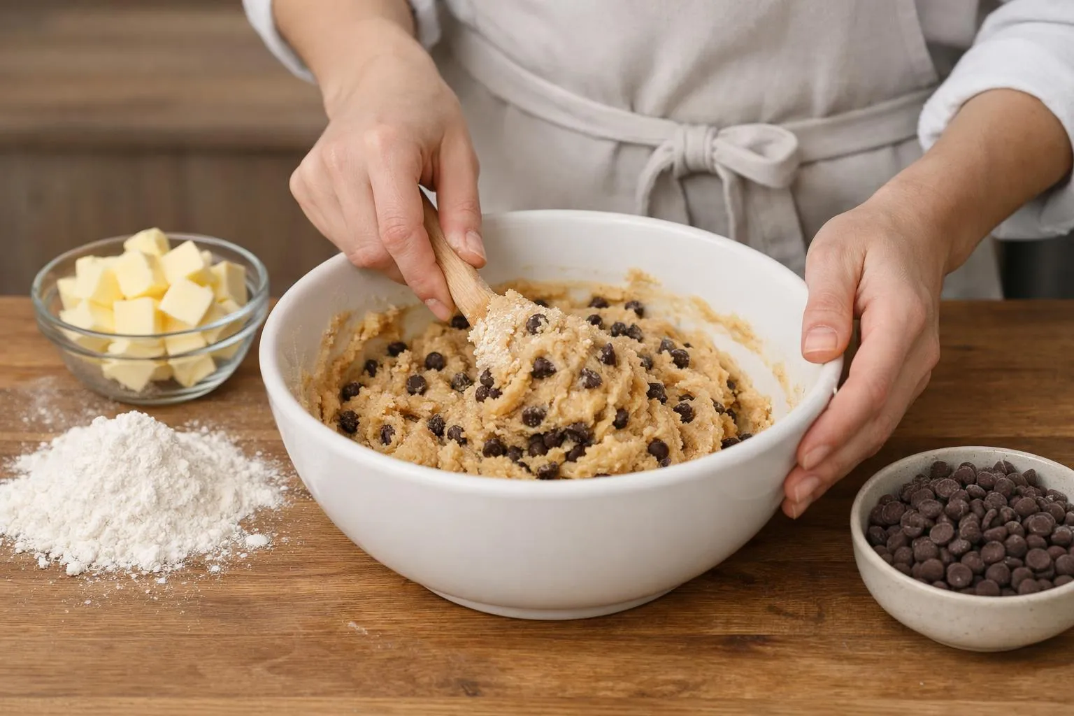 Préparation de pâte à cookies avec pépites de chocolat et beurre.