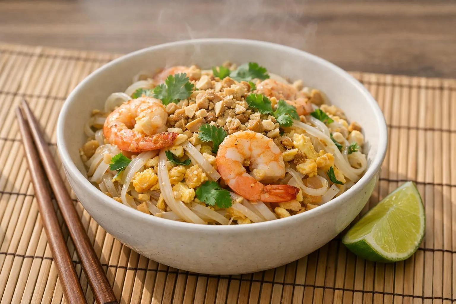 Bol de nouilles sautées aux crevettes, œufs et légumes.