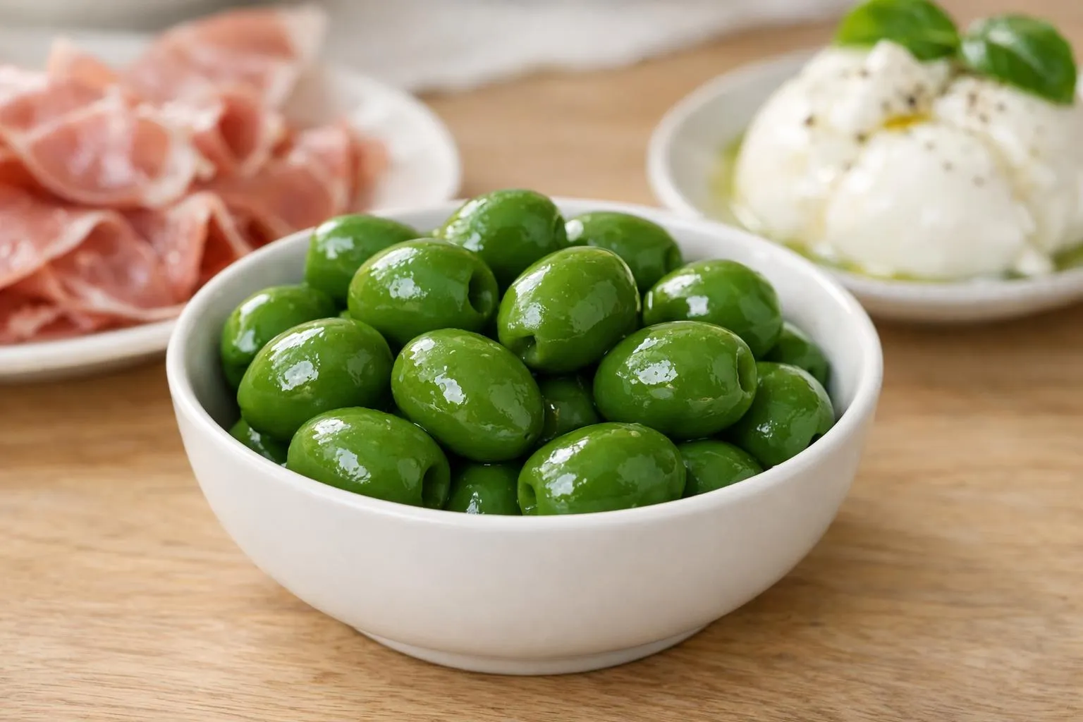 Olives vertes fraîches dans un bol blanc sur une surface en bois.