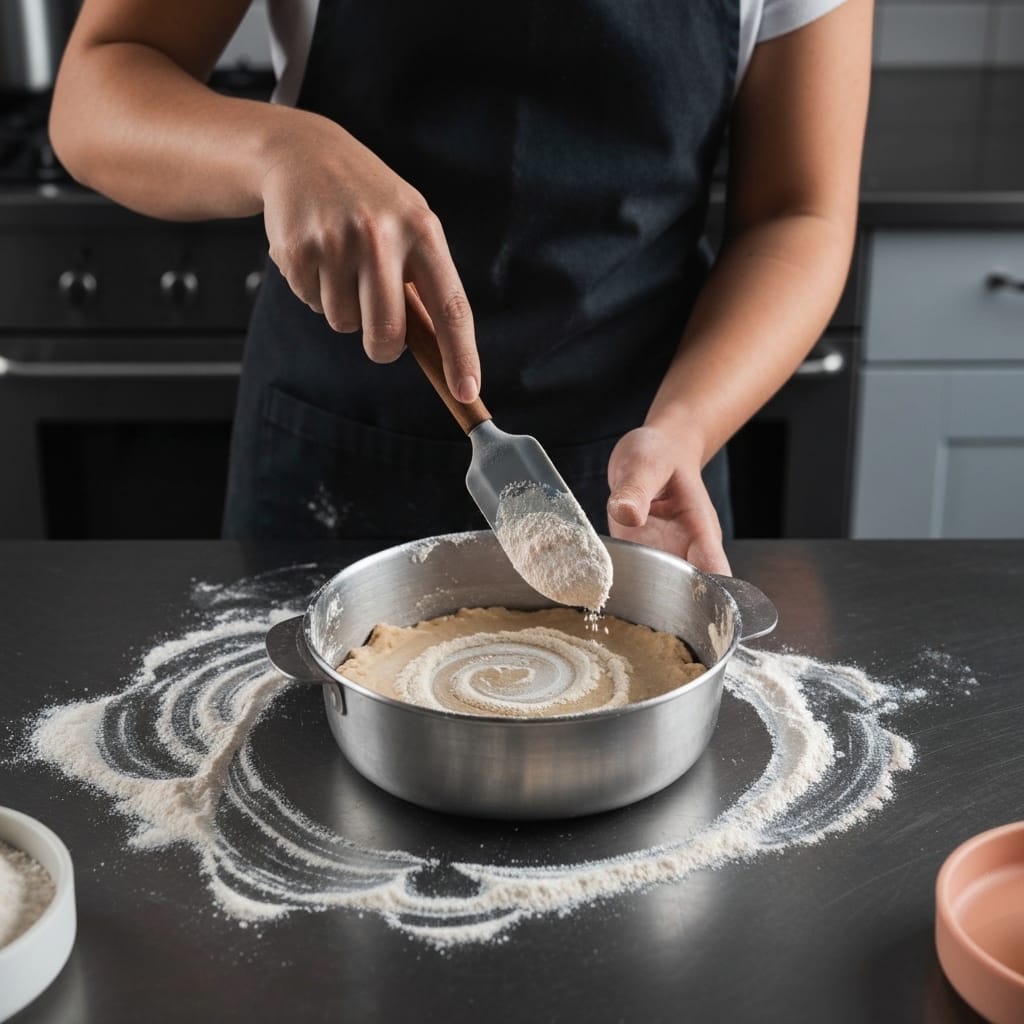 Une main utilise une spatule en silicone pour incorporer délicatement la farine dans la pâte à biscuits dans un bol, avec des traces de farine visibles, sur un plan de travail de cuisine, éclairage naturel.