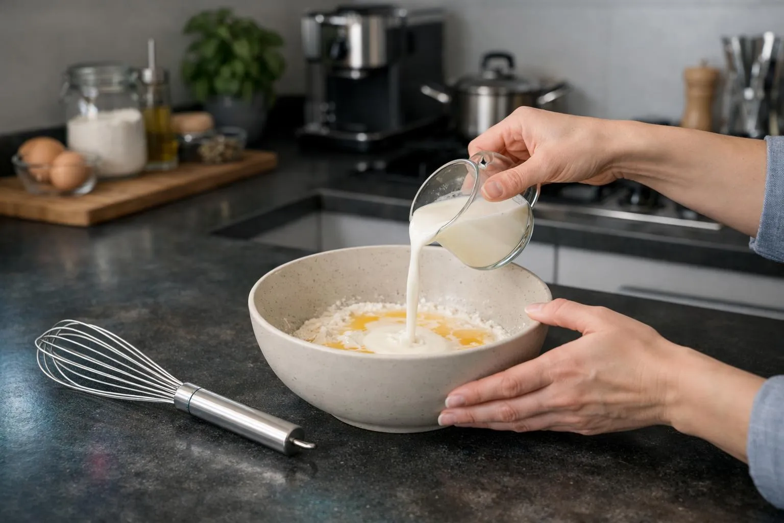 Hands pouring milk into a bowl of ingredients.
