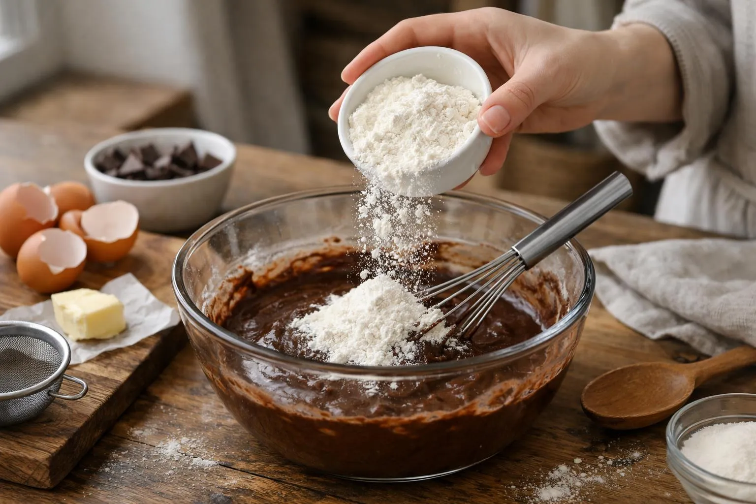 Baking ingredients and mixing bowl with flour being added.
