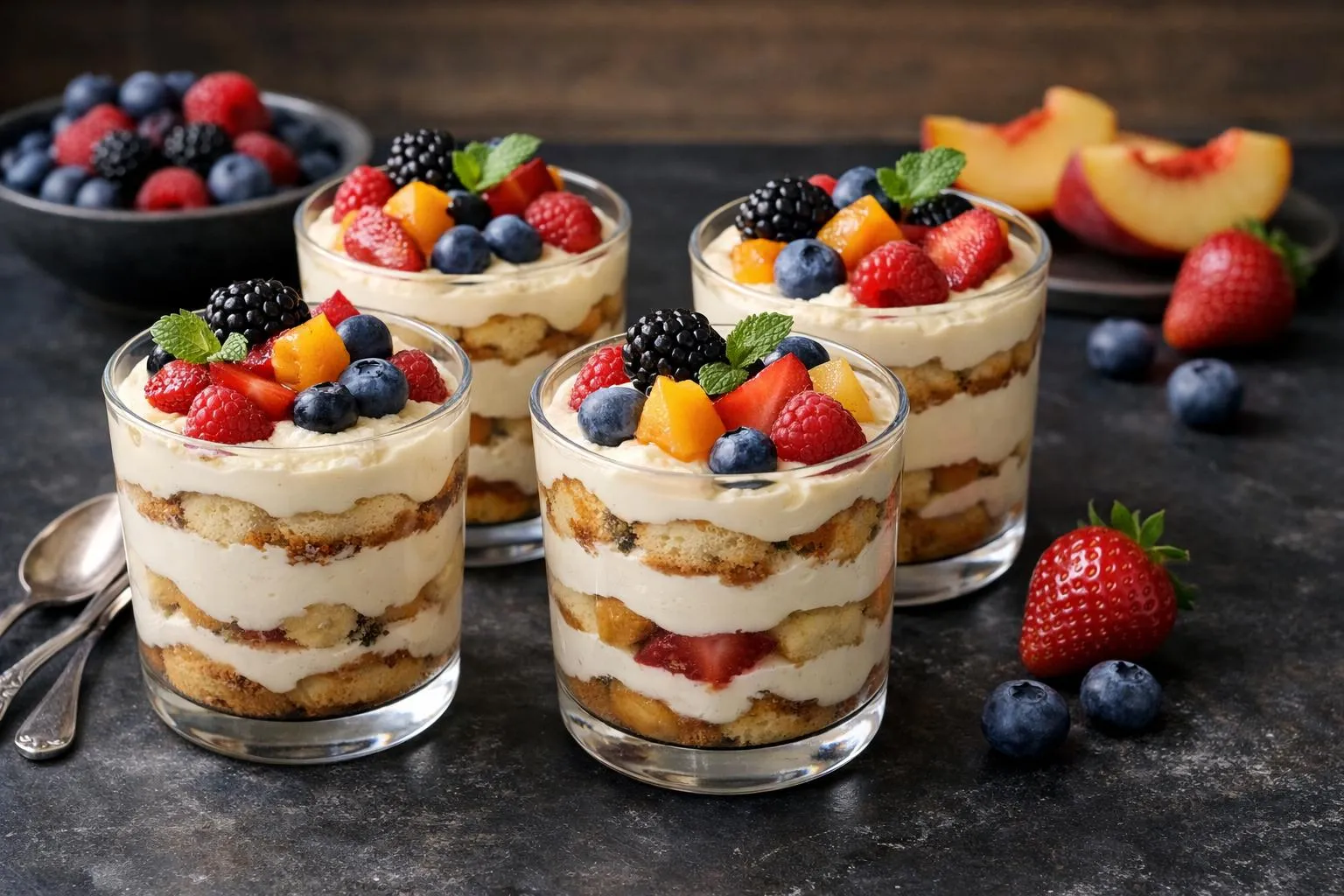 Layered dessert cups with fresh fruit and creamy topping.