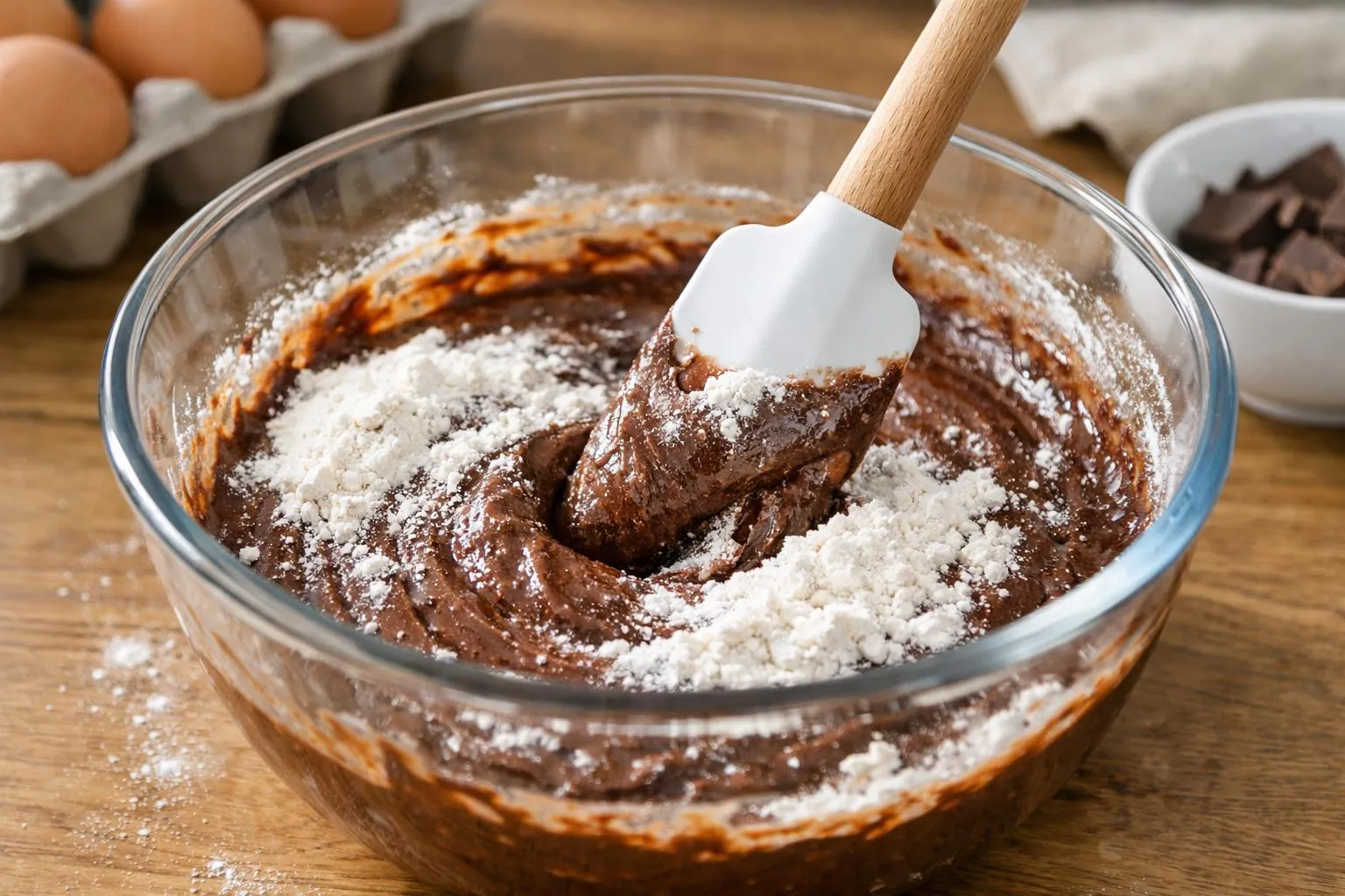 Chocolate batter in a glass bowl, dusted with flour.