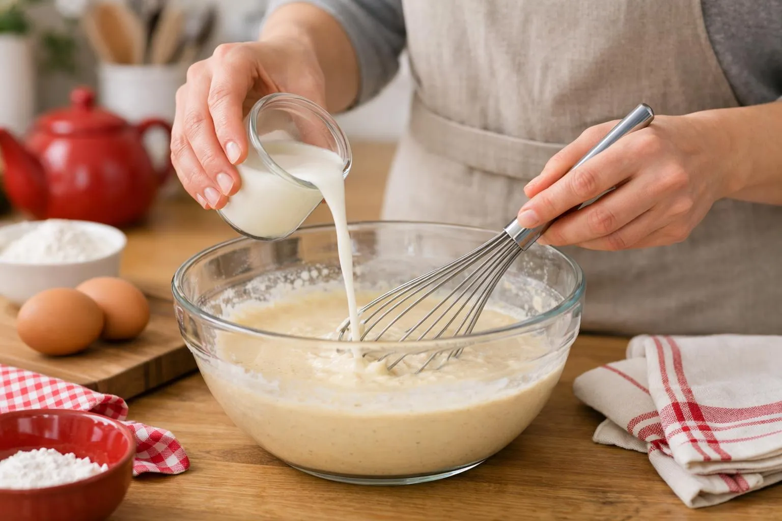 Hands pouring milk into a mixing bowl with a whisk.