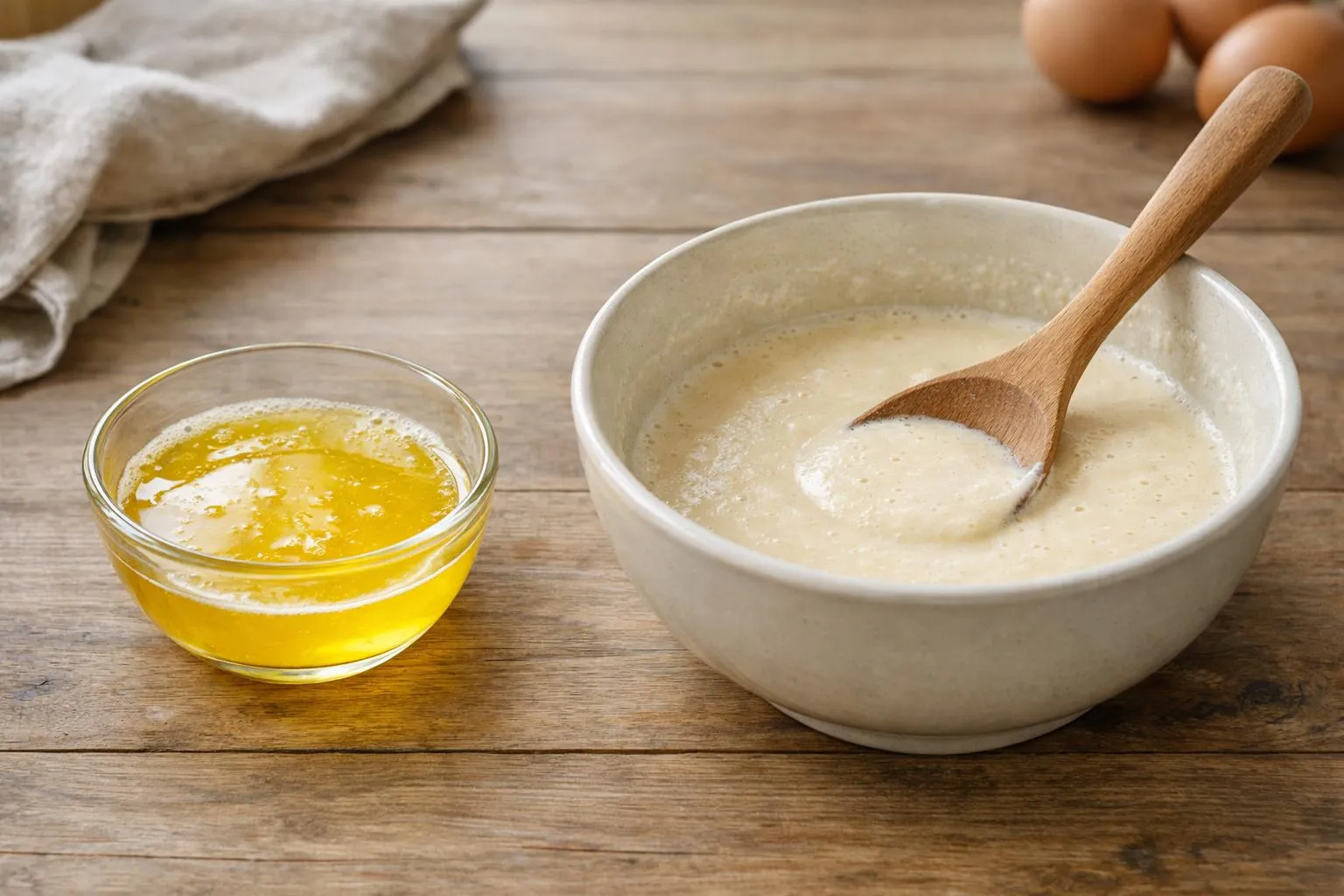 A bowl of creamy soup, a glass of golden honey, wooden utensils.