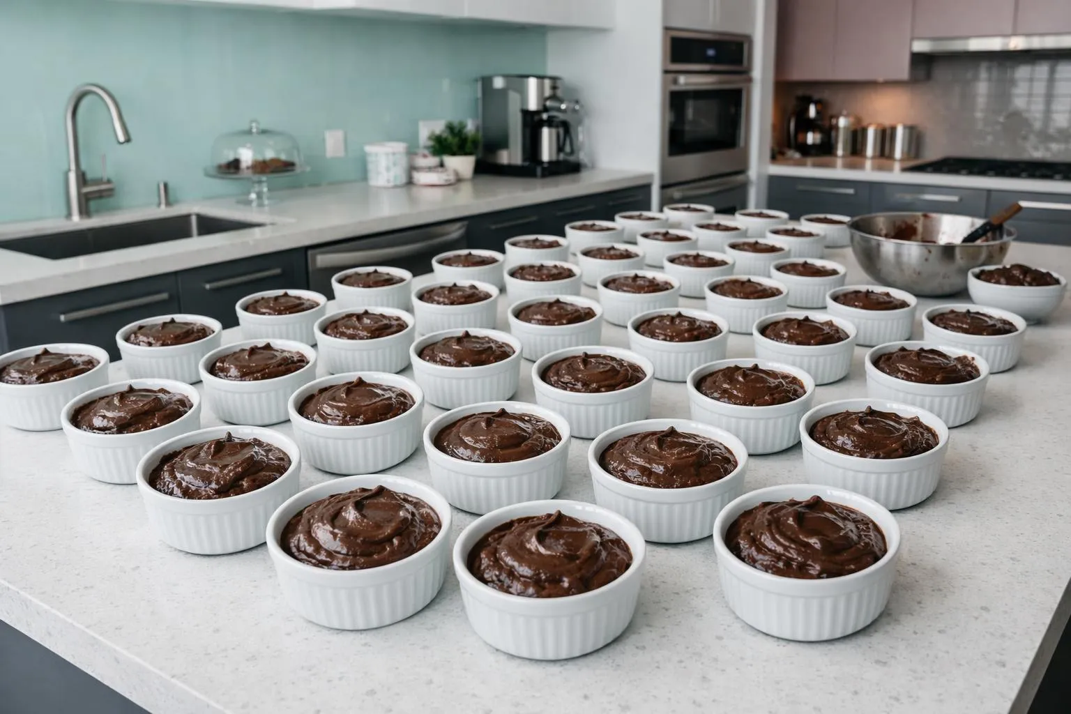 Numerous chocolate desserts in white ramekins on kitchen counter.