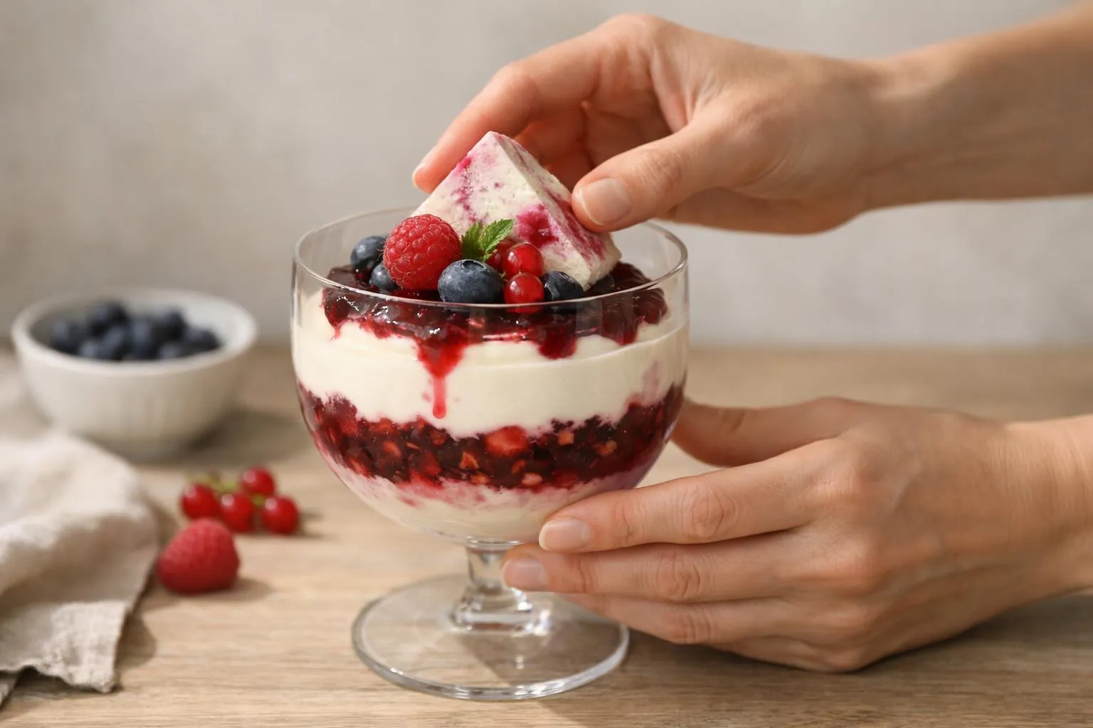 Layered dessert with berries, cream, and a decorative piece.