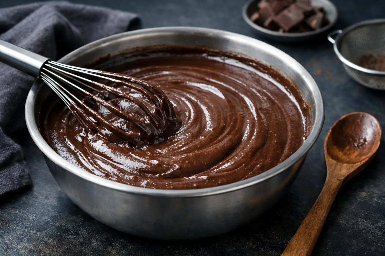 Rich, creamy chocolate ganache swirled in a metal bowl.
