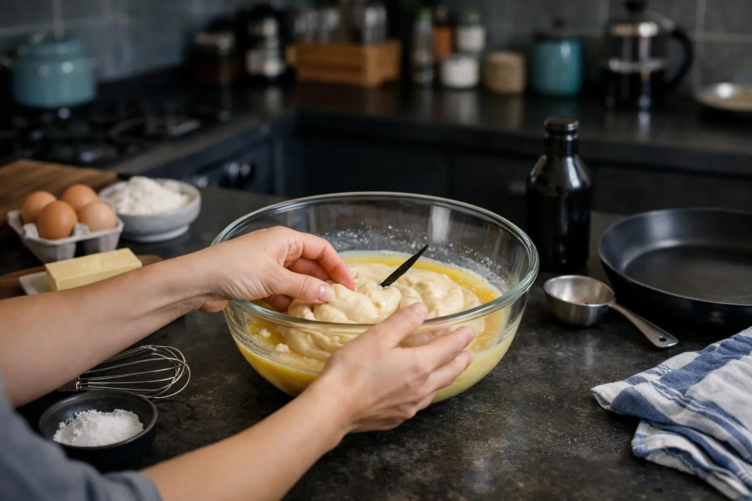 Hands mixing batter in a glass bowl on a kitchen counter.