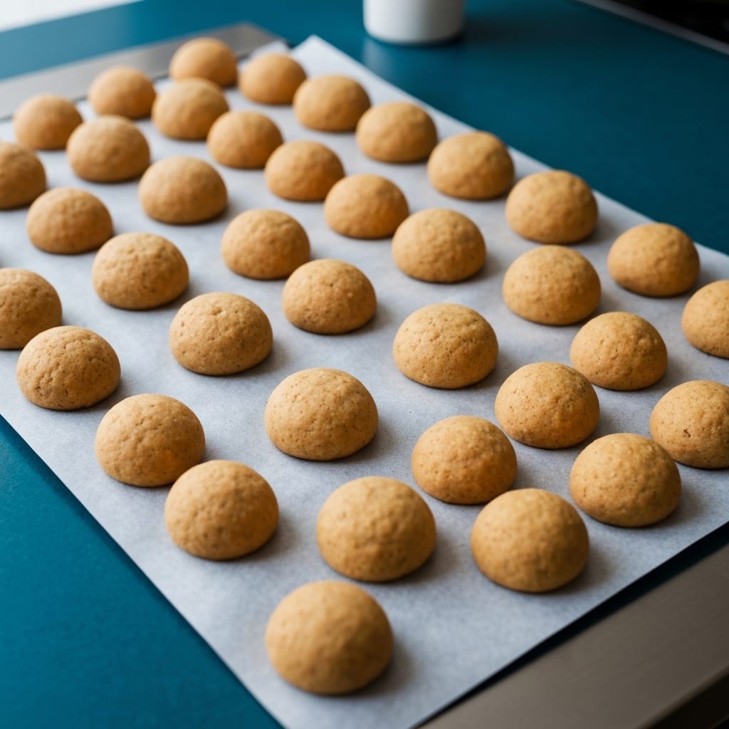 Gros plan de boules de pâte à cookies aux pépites de chocolat disposées sur une plaque de cuisson recouverte de papier sulfurisé, prêtes à être enfournées, avec un espacement approprié entre chaque boule montrant l'étape de préparation avant la cuisson.