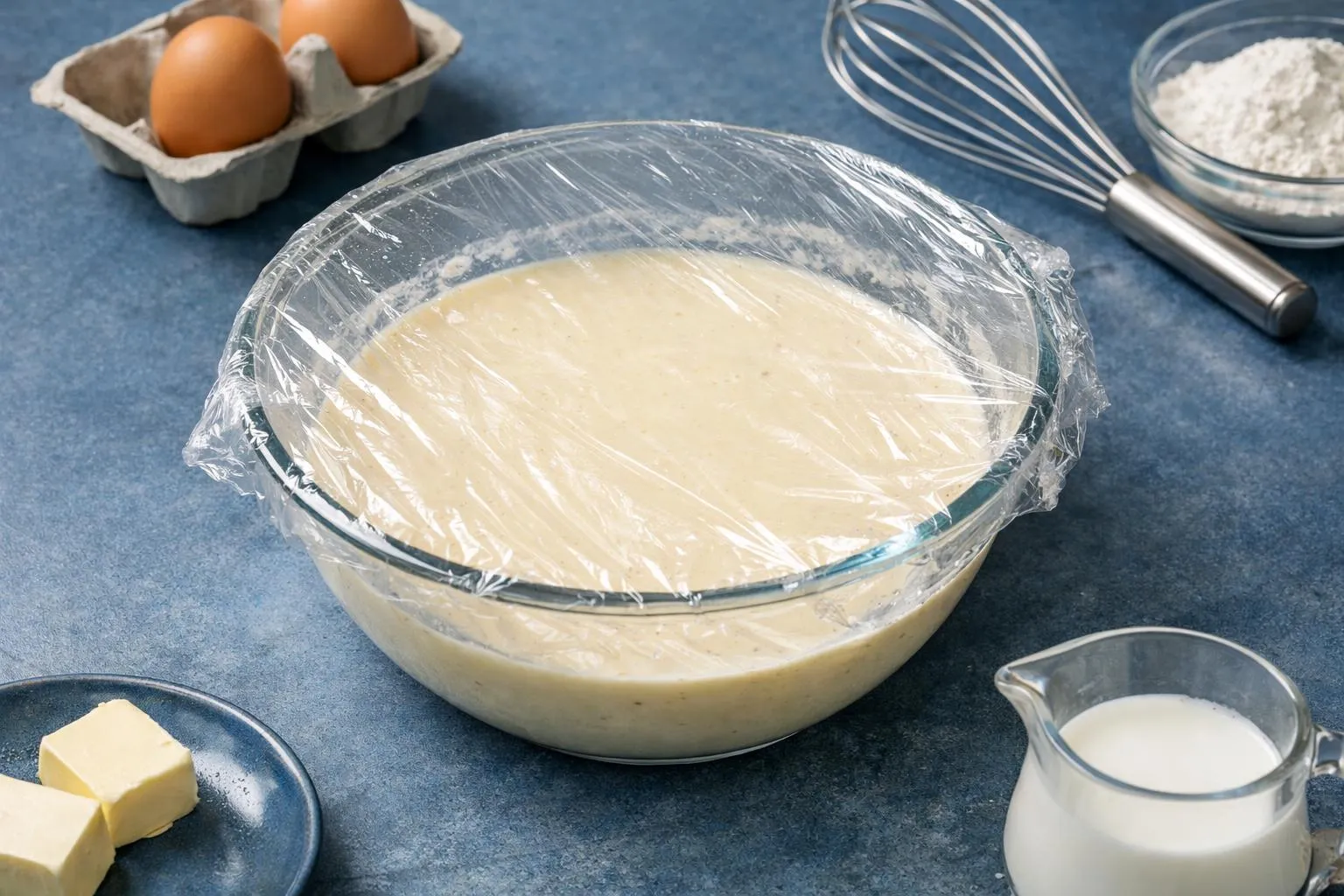 A glass bowl filled with a creamy, pale-colored mixture, surrounded by baking ingredients.