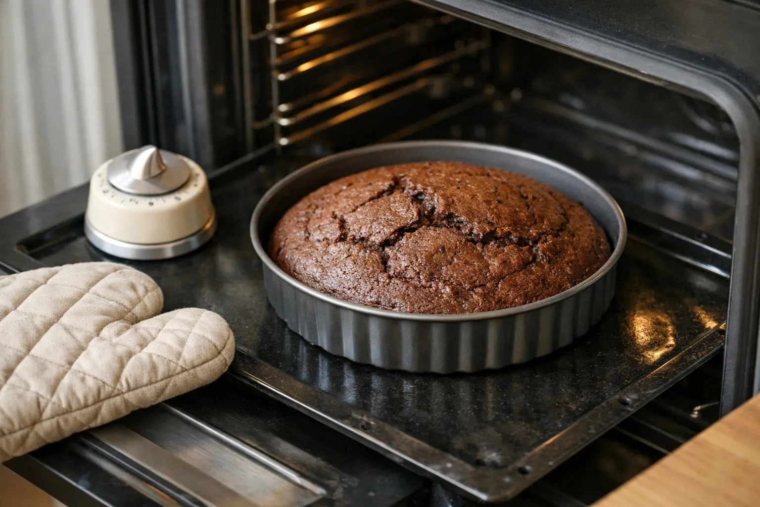 Freshly baked chocolate cake in a metal baking dish.