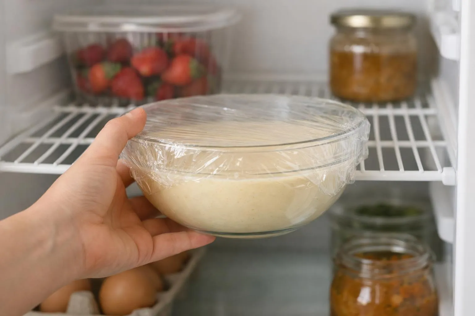 A hand holding a bowl of creamy substance in a refrigerator.