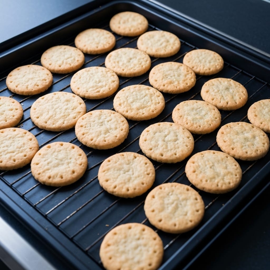 Gros plan de biscuits plats et trop cuits, étalés sur une plaque de cuisson, montrant des erreurs de cuisson courantes avec des bords brûlés et une texture sèche.