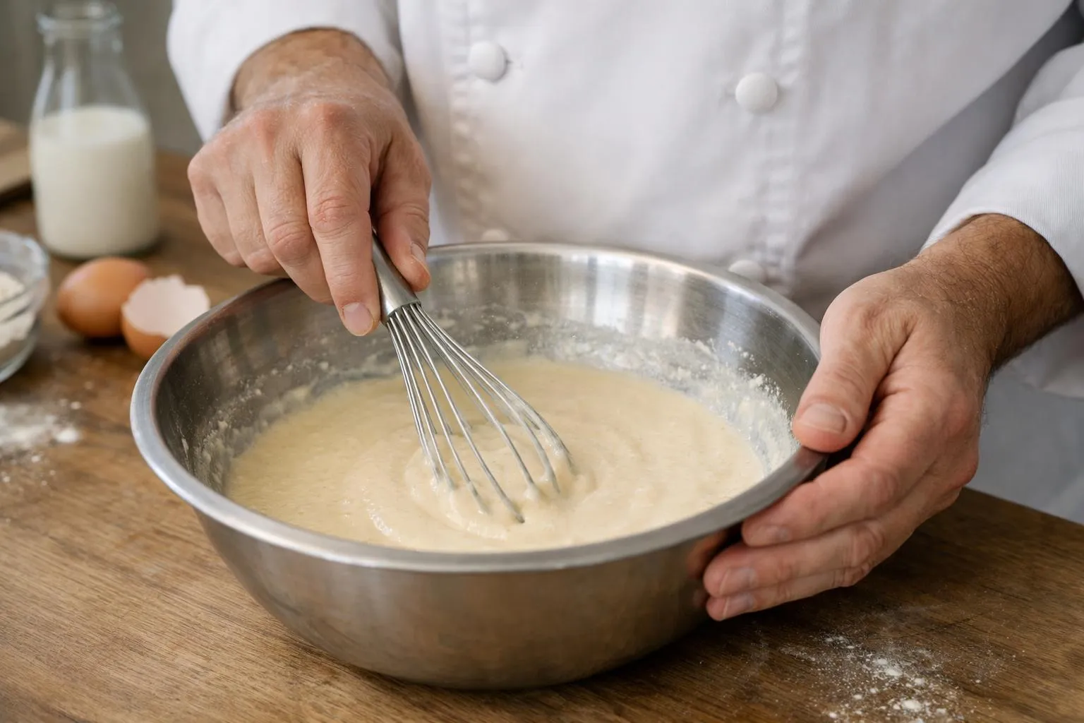Hands whisking batter in a metal mixing bowl.