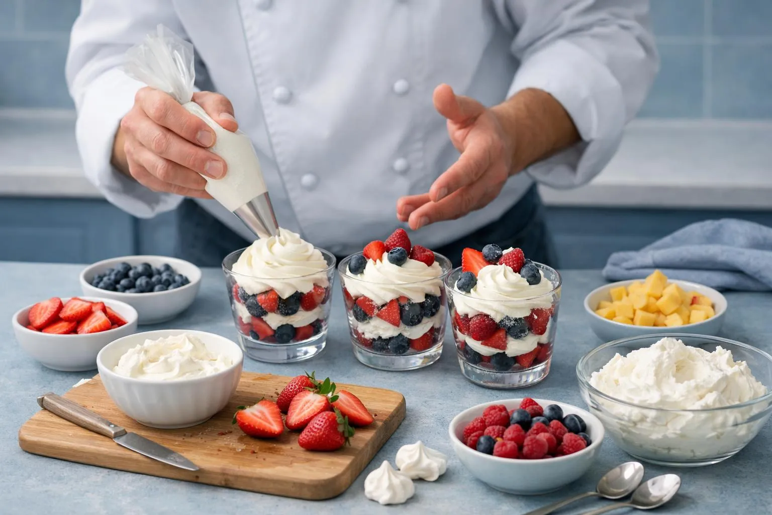 Chef preparing layered desserts with fresh berries and whipped cream.