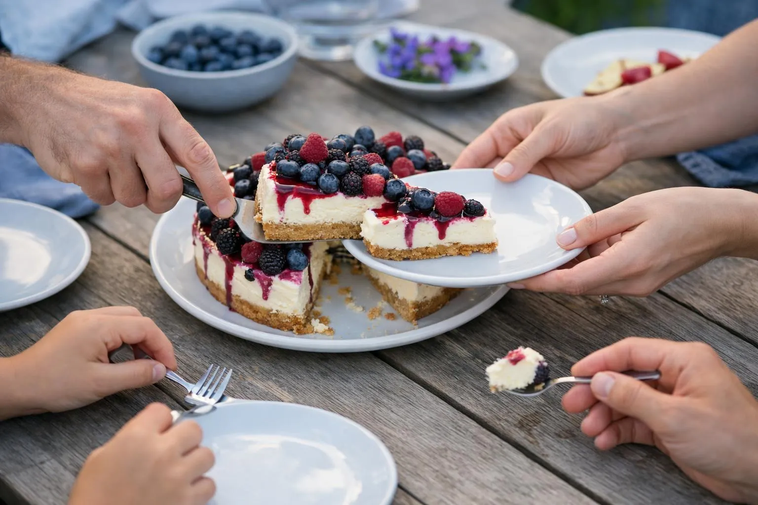Delectable berry-topped cheesecake on wooden table, hands serving slices.