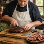 Magret de Canard Fumé, 7 Recettes Originales "Magret de Canard Fumé sur plan de travail en bois dans cuisine rustique"