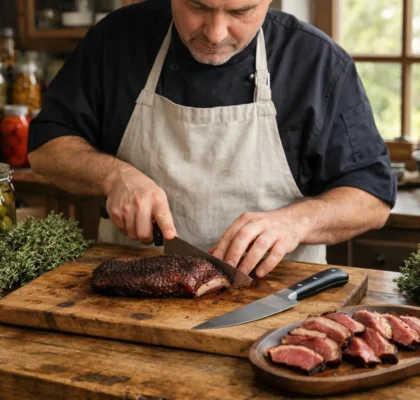 "Magret de Canard Fumé sur plan de travail en bois dans cuisine rustique"
