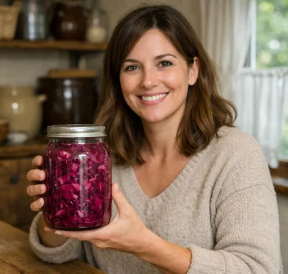 Pickles de chou rouge maison dans un pot en verre, faits avec amour dans une cuisine traditionnelle.