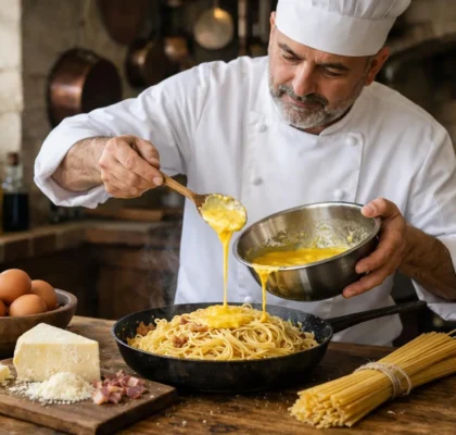 "Préparation de pâtes carbonara authentiques avec des œufs, fromage et spaghetti dans une cuisine traditionnelle romaine."
