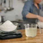 "Femme qui cuisine avec balance et tasse à mesurer pour convertir gramme en cl"
