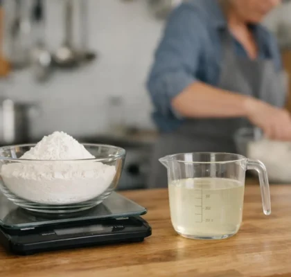 "Femme qui cuisine avec balance et tasse à mesurer pour convertir gramme en cl"