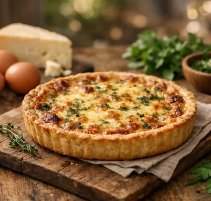 Quiche facile, recette incontournable, sortie du four, avec ingrédients frais.