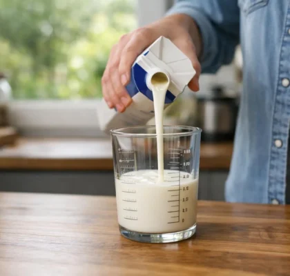Femme mesurant le lait en cuisine avec un verre gradué pour conversion de cl en gramme.