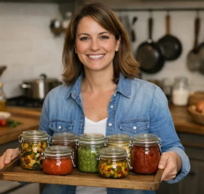 Femme préparant des recettes faciles pour le batch cooking dans une cuisine chaleureuse.