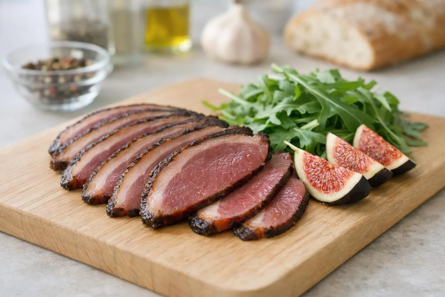 Tranches de viande de canard grillées, accompagnées de feuilles de salade et de figues.