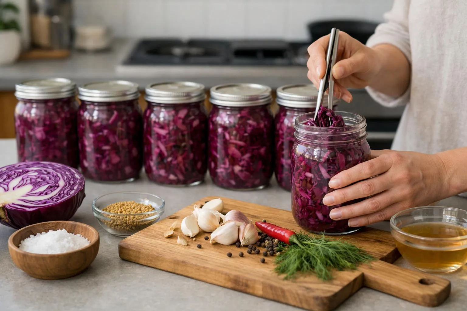 Préparation de choucroute maison dans des bocaux en verre.
